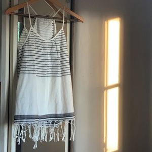 Boho Fringe Top Striped Blue Open Back L